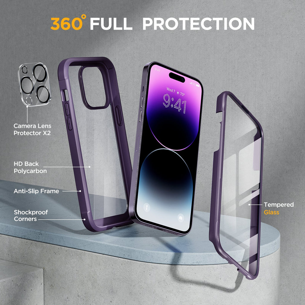 Miracase Glass Series Designed for iPhone 14 Pro Max Case 6.7 Inch, [2022 Newest] Full-Body Bumper Case with Built-in 9H Tempered Glass Screen Protector, with 2 Pcs Camera Lens Protectors