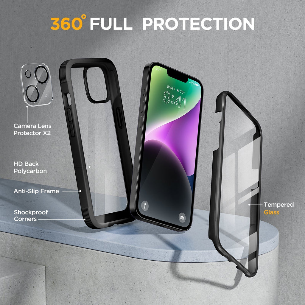 Miracase Glass Series Designed for iPhone 14 Plus Case 6.7 inch, 2022 Upgrade Full-Body Clear Bumper Case with Built-in 9H Tempered Glass Screen Protector and 2 Pcs Camera Lens Protector