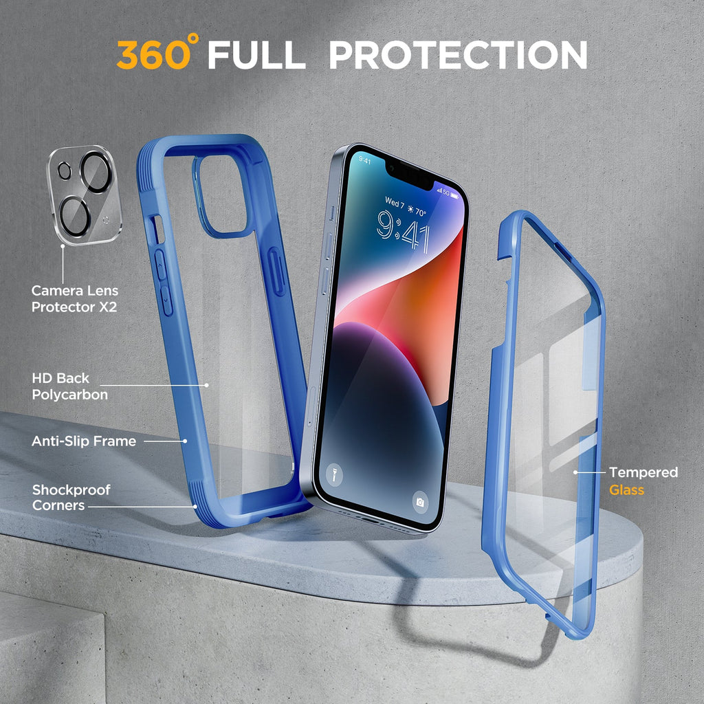 Miracase Glass Series Designed for iPhone 14 Case 6.1 inch, 2022 Upgrade Full-Body Clear Bumper Case with Built-in 9H Tempered Glass Screen Protector and 2 Pcs Camera Lens Protector