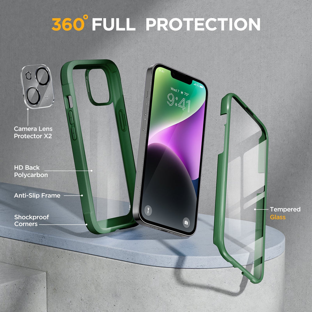 Miracase Glass Series Designed for iPhone 14 Plus Case 6.7 inch, 2022 Upgrade Full-Body Clear Bumper Case with Built-in 9H Tempered Glass Screen Protector and 2 Pcs Camera Lens Protector