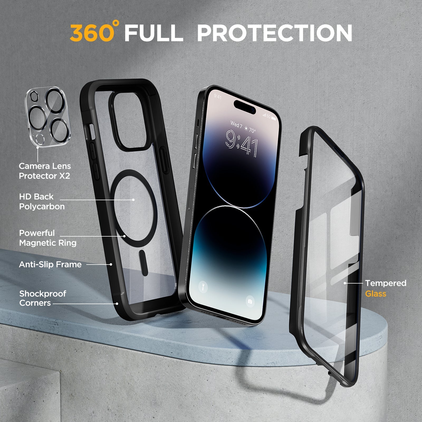Miracase Glass Series Designed for iPhone 14 Pro Case 6.1 Inch, [2022 Newest] Full-Body Bumper Case with Built-in 9H Tempered Glass Screen Protector, with 2 Pcs Camera Lens Protectors