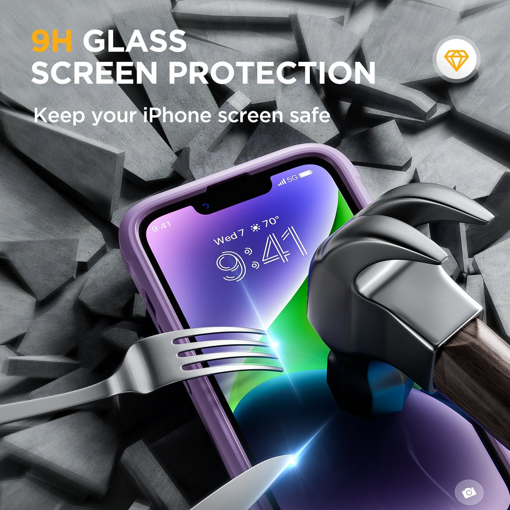 Miracase Glass Series Designed for iPhone 14 Plus Case 6.7 inch, 2022 Upgrade Full-Body Clear Bumper Case with Built-in 9H Tempered Glass Screen Protector and 2 Pcs Camera Lens Protector