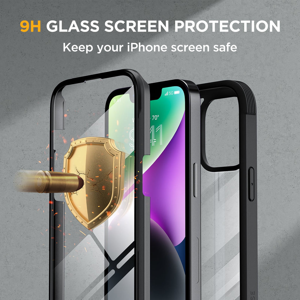 Miracase Glass Series Designed for iPhone 14 Case 6.1 inch, 2022 Upgrade Full-Body Clear Bumper Case with Built-in 9H Tempered Glass Screen Protector and 2 Pcs Camera Lens Protector