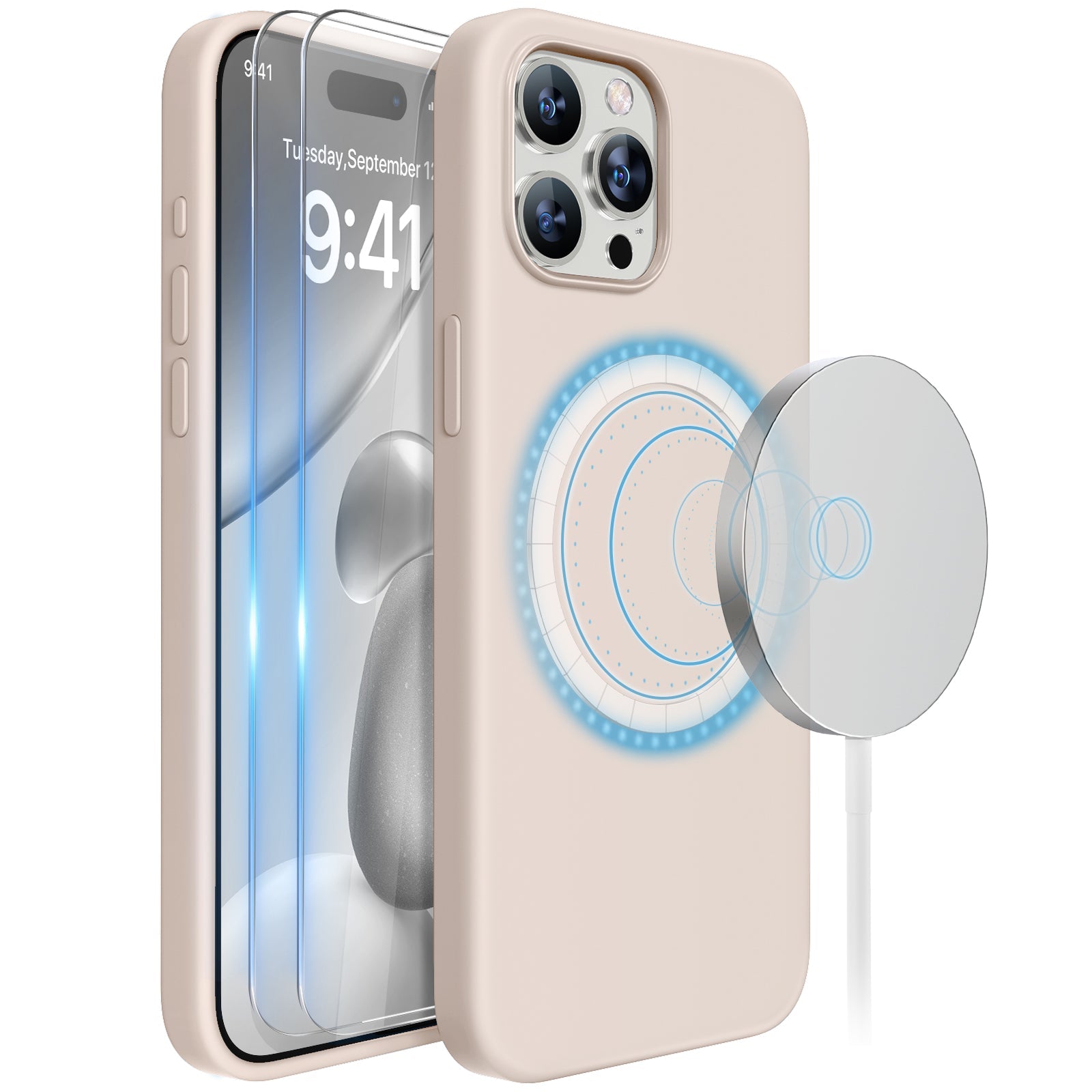 Miracase Designed for iPhone 15 Pro Max Case,[Compatible with MagSafe], [with 2 Pack Screen Protectors],Shockproof Liquid Silicone Professional Case with Microfiber Lining,6.7 inch