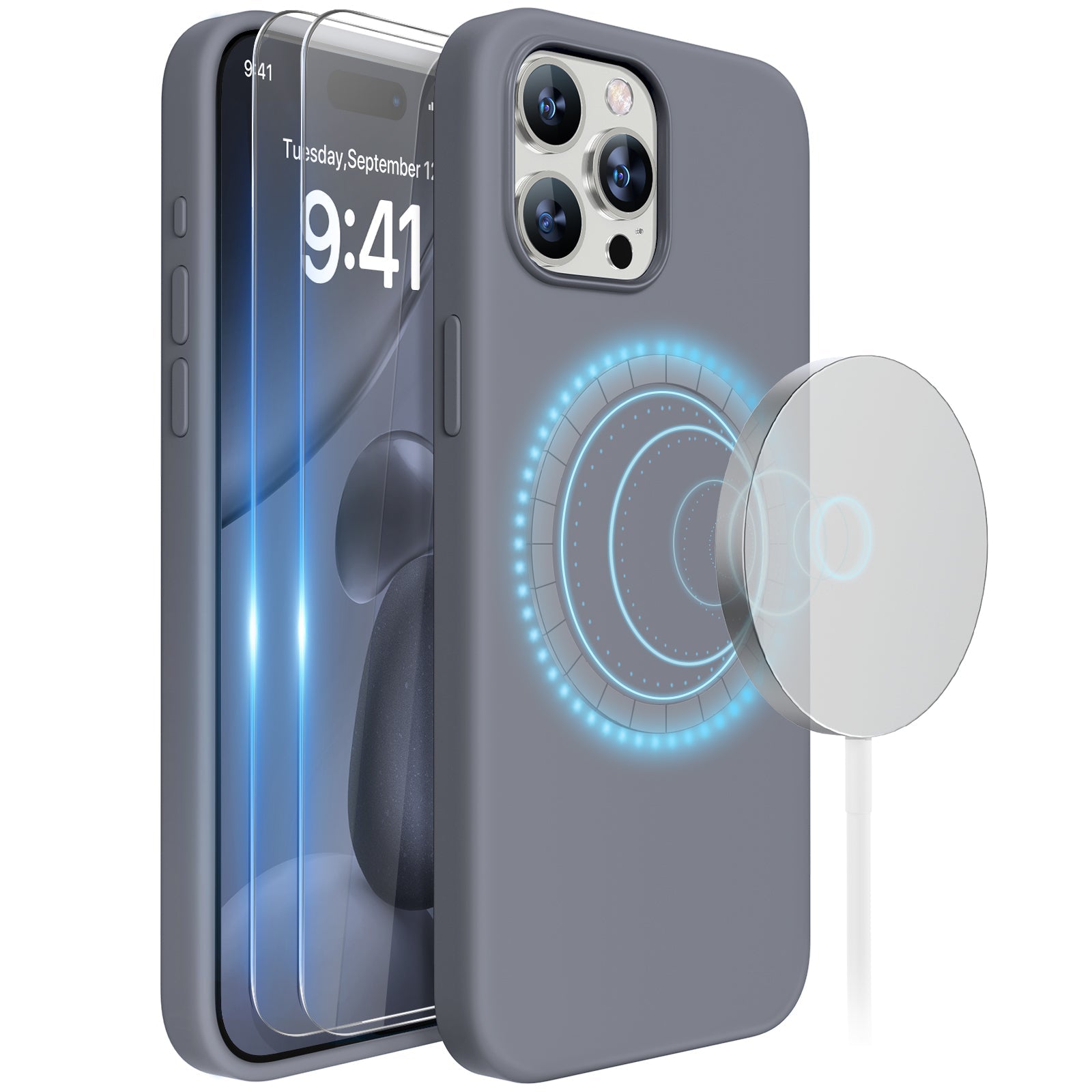 Miracase Designed for iPhone 15 Pro Max Case,[Compatible with MagSafe], [with 2 Pack Screen Protectors],Shockproof Liquid Silicone Professional Case with Microfiber Lining,6.7 inch