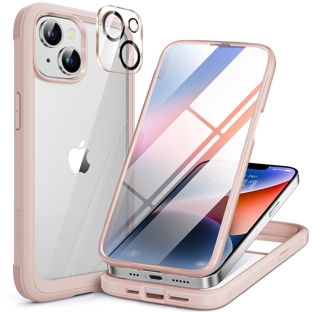Miracase Glass Series Designed for iPhone 14 Plus Case 6.7 inch, 2022 Upgrade Full-Body Clear Bumper Case with Built-in 9H Tempered Glass Screen Protector and 2 Pcs Camera Lens Protector
