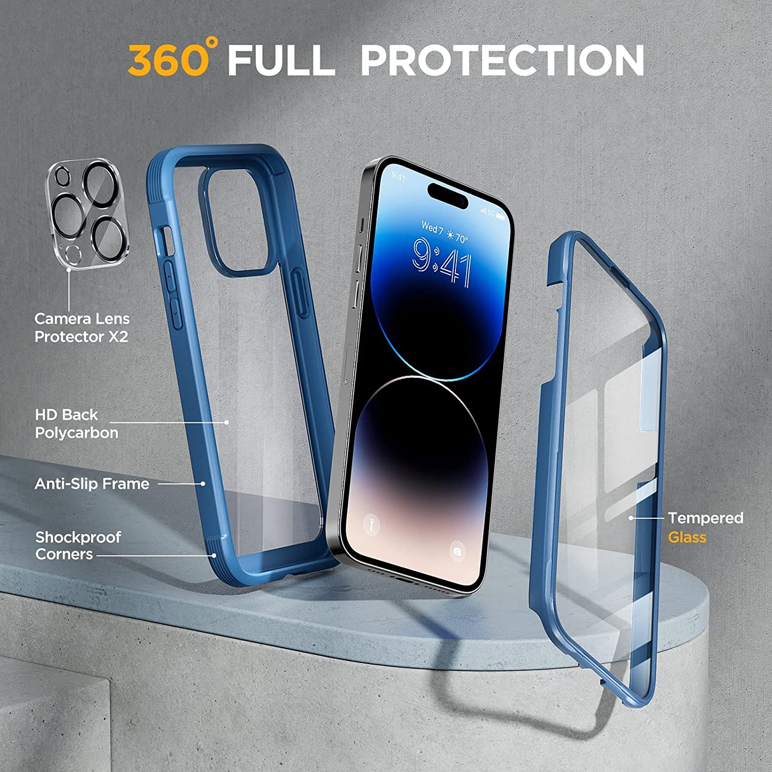 Miracase Glass Series Designed for iPhone 14 Pro Case 6.1 Inch, [2022 Newest] Full-Body Bumper Case with Built-in 9H Tempered Glass Screen Protector, with 2 Pcs Camera Lens Protectors