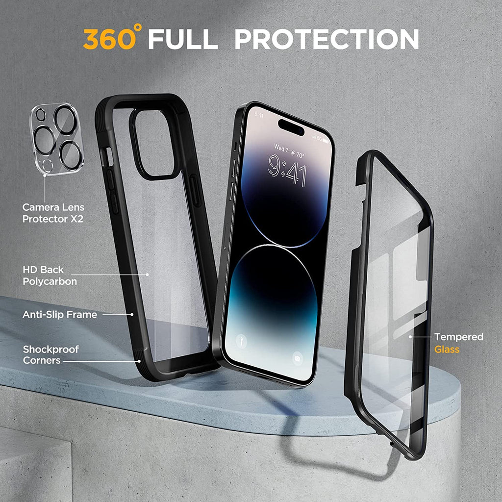 Miracase Glass Series Designed for iPhone 14 Pro Max Case 6.7 Inch, [2022 Newest] Full-Body Bumper Case with Built-in 9H Tempered Glass Screen Protector, with 2 Pcs Camera Lens Protectors