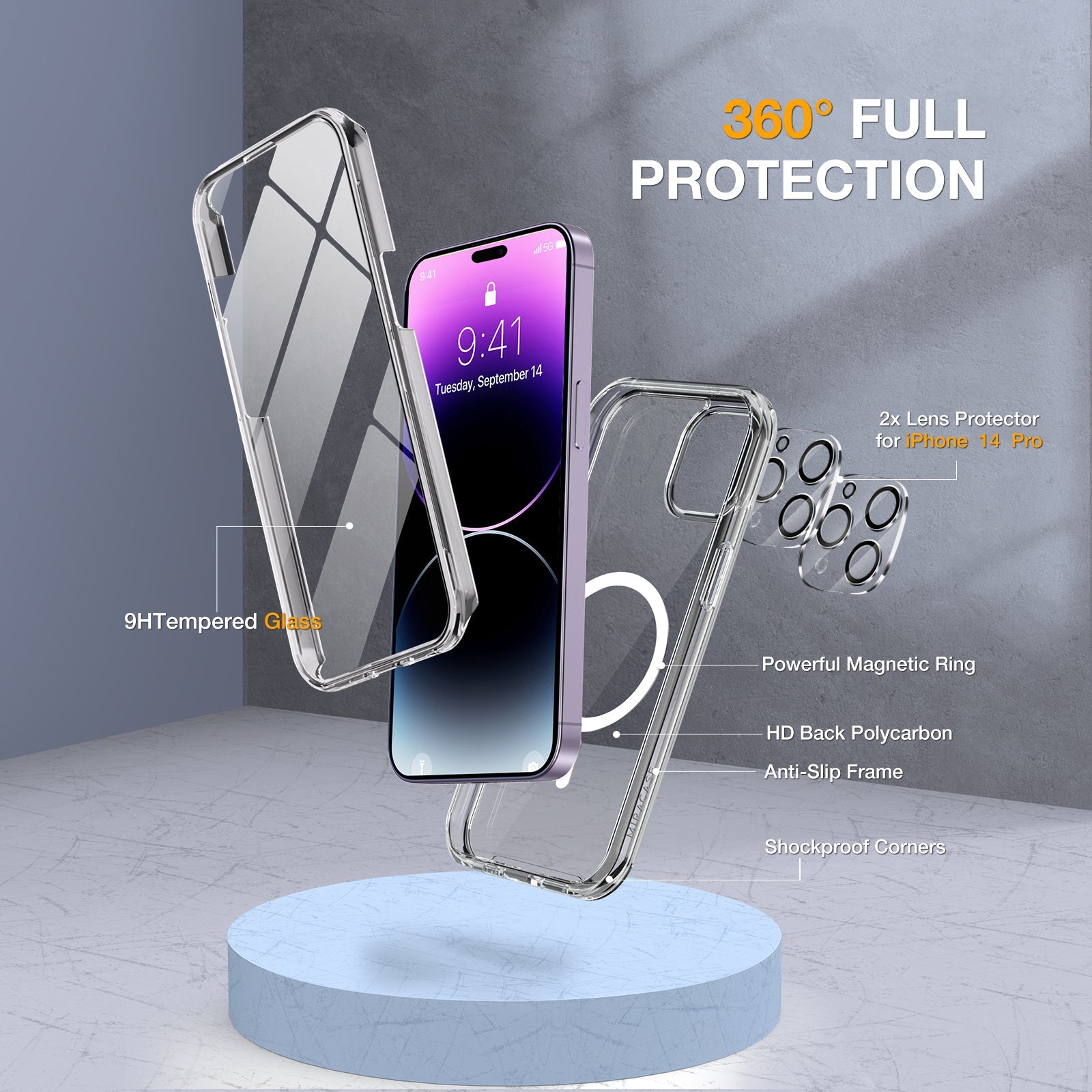 Miracase Glass Series Designed for iPhone 14 Pro Max Case 6.7 Inch, [2022 Newest] Full-Body Bumper Case with Built-in 9H Tempered Glass Screen Protector, with 2 Pcs Camera Lens Protectors