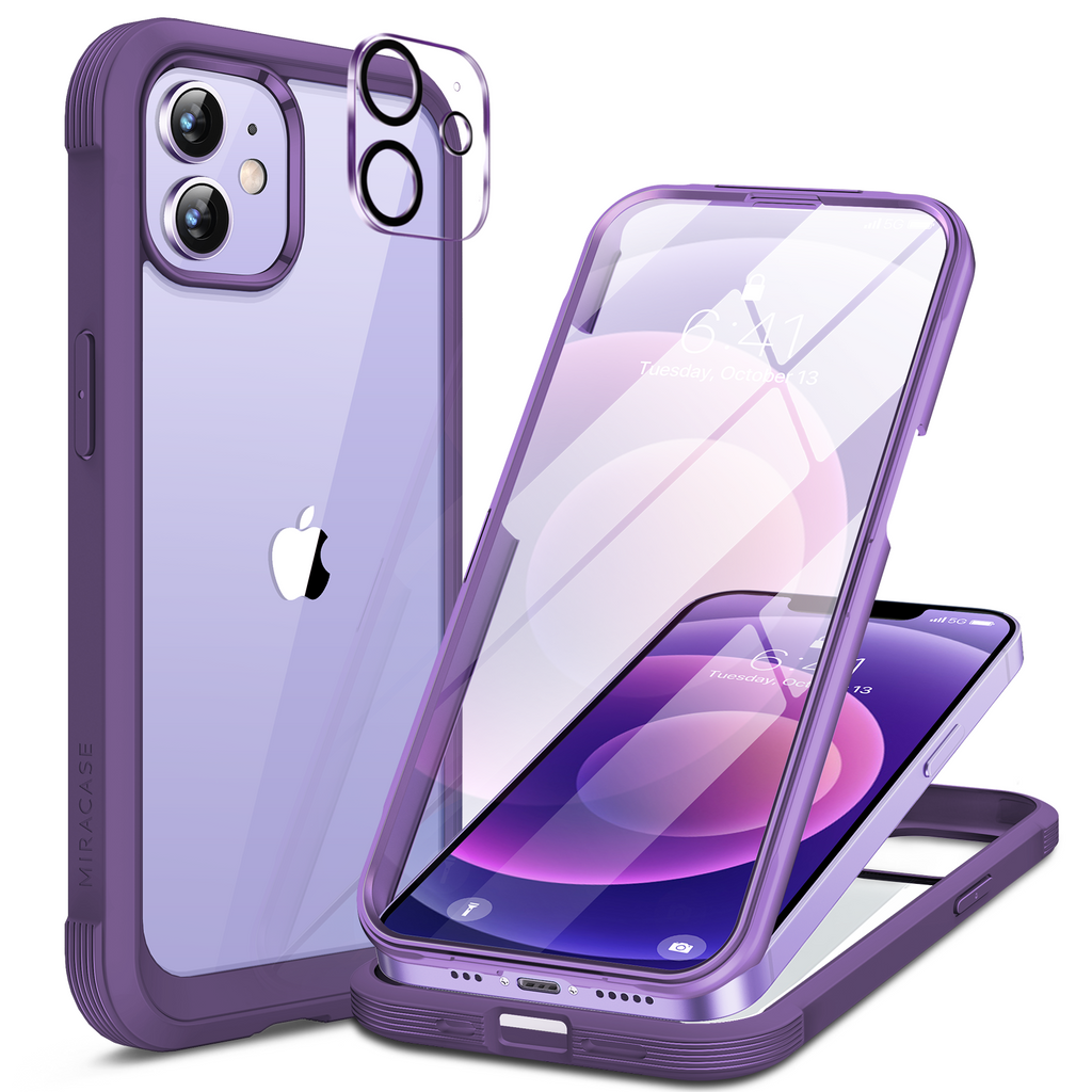 Miracase Glass Series for iPhone 12/12 Pro - Full-Body Rugged Protective Case with Built-in 9H Tempered Glass Screen Protector and Camera Lens Protector