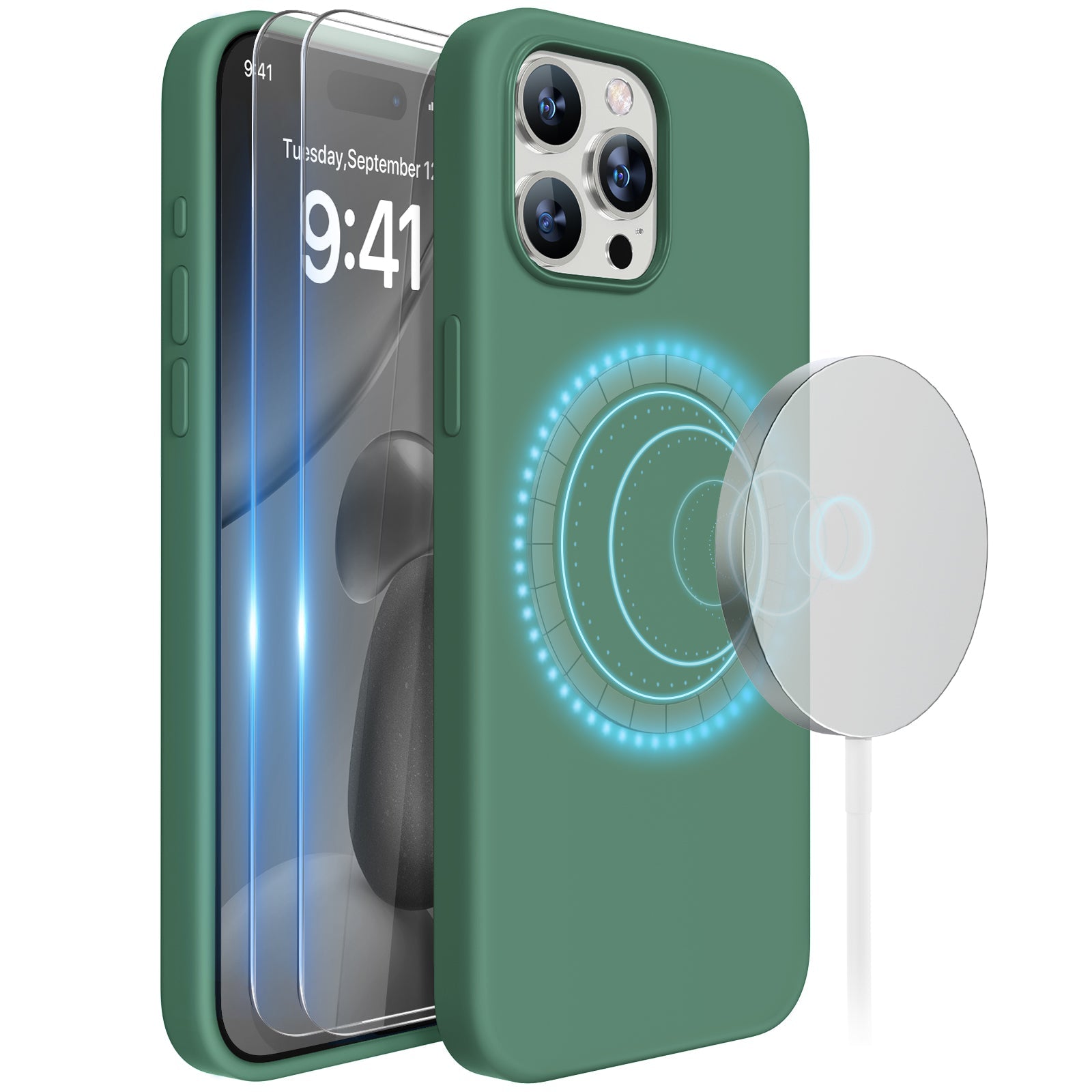 Miracase Designed for iPhone 15 Pro Max Case,[Compatible with MagSafe], [with 2 Pack Screen Protectors],Shockproof Liquid Silicone Professional Case with Microfiber Lining,6.7 inch