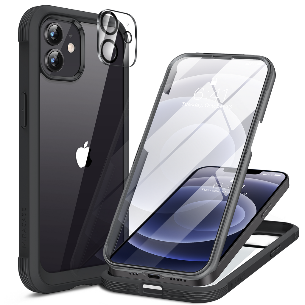 Miracase Glass Series for iPhone 12/12 Pro - Full-Body Rugged Protective Case with Built-in 9H Tempered Glass Screen Protector and Camera Lens Protector