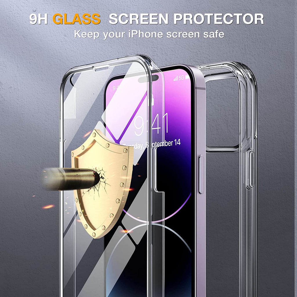 Miracase Glass Series Designed for iPhone 14 Pro Case 6.1 Inch, [2022 Newest] Full-Body Bumper Case with Built-in 9H Tempered Glass Screen Protector, with 2 Pcs Camera Lens Protectors