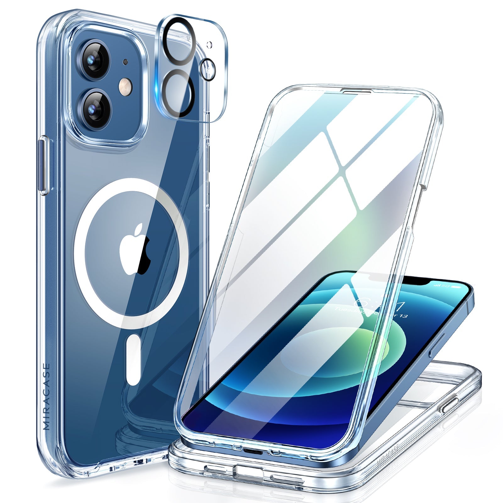 Miracase Glass Series for iPhone 12/12 Pro - Full-Body Rugged Protective Case with Built-in 9H Tempered Glass Screen Protector and Camera Lens Protector