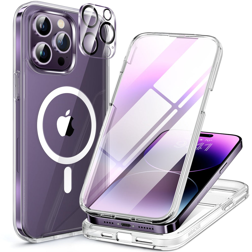 Miracase Glass Series for iPhone 14 Pro Case 6.1 Inch, Full-Body Protective Anti Slippery Case with Built-in 9H Tempered Glass Screen Protector, with Camera Lens Protector