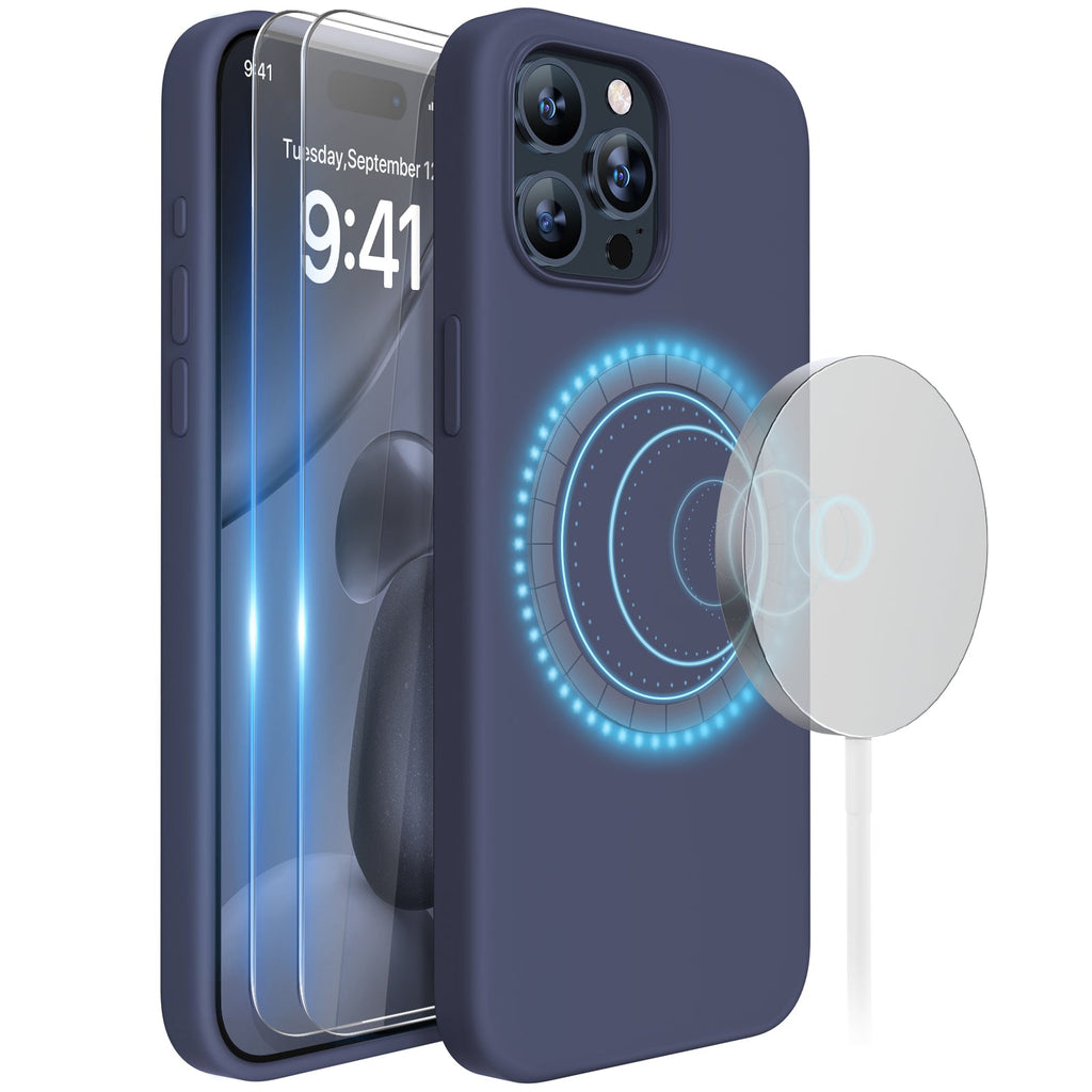 Miracase Designed for iPhone 15 Pro Max Case,[Compatible with MagSafe], [with 2 Pack Screen Protectors],Shockproof Liquid Silicone Professional Case with Microfiber Lining,6.7 inch