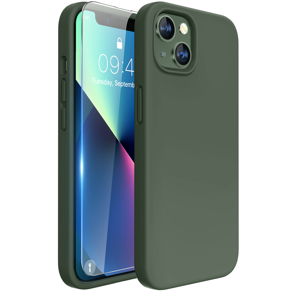 Miracase Designed for iPhone 13 Case, with Tempered Glass Screen Protector, [Soft Anti-Scratch Microfiber Lining], Shockproof Liquid Silicone Rubber Phone Case Cover for 13 6.1 inch