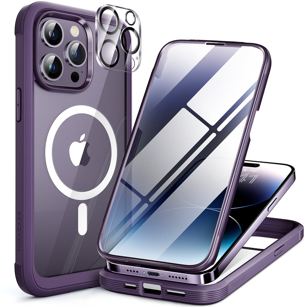 Miracase Glass Series for iPhone 14 Pro Max Case 6.7 Inch, Full-Body Clear Bumper Case with Built-in 9H Tempered Glass Screen Protector, with Camera Lens Protector