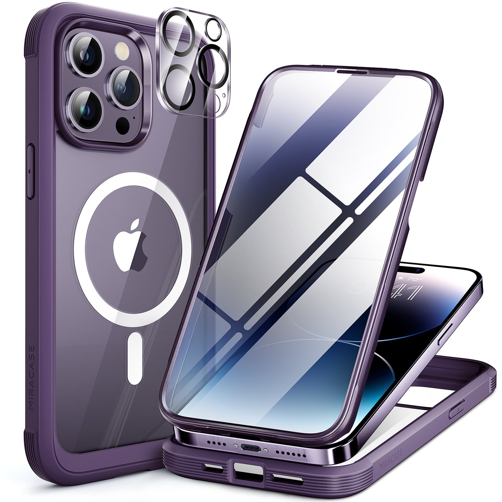 Miracase Glass Series for iPhone 14 Pro Max Case 6.7 Inch, Full-Body Clear Bumper Case with Built-in 9H Tempered Glass Screen Protector, with Camera Lens Protector